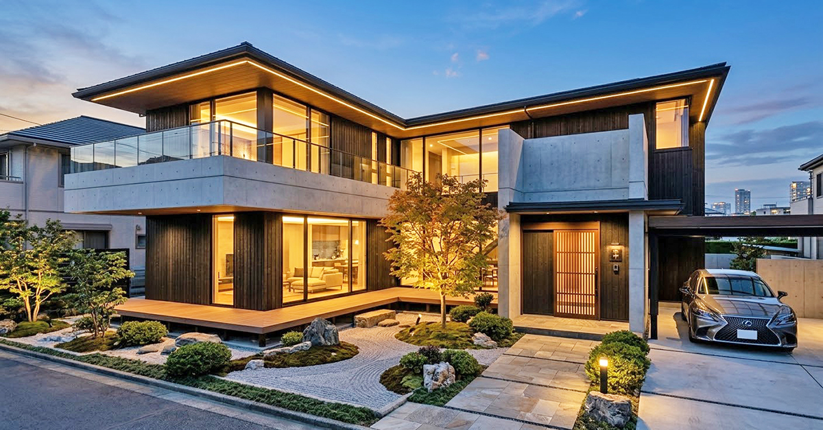 Modern Japanese landed house at dusk with warm window lights and Zen garden