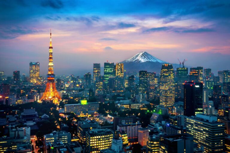 Night view of Japan, showing Tokyo Tower and Mt. Fuji
