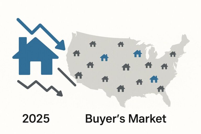 2025年に住宅価格が下落し買い手市場になっている米国の複数都市を示したイメージ図。米国全体の地図上に家のアイコンと価格下落を示す矢印が配置されている。