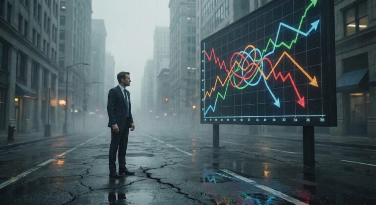 【イメージ画像】経済の不確実性と市場の混乱を示すグラフ