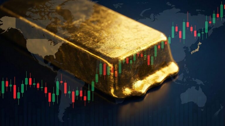 高騰する金価格と不安定な世界情勢を象徴する、金の地金とマーケットチャートが重なったイメージ画像