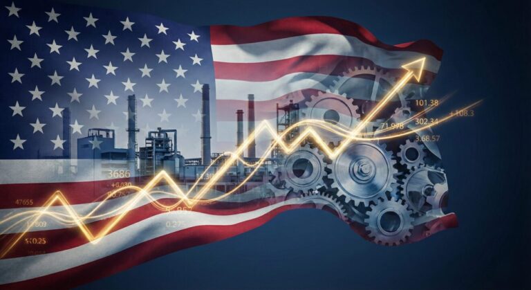 2025年の米国経済総括と製造業復活・株価上昇を示す、アメリカ国旗と歯車、上昇するグラフの合成画像