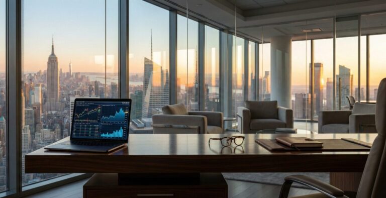 ニューヨークの摩天楼を望む高層オフィスのデスクに置かれた、経済チャートを表示するノートパソコン