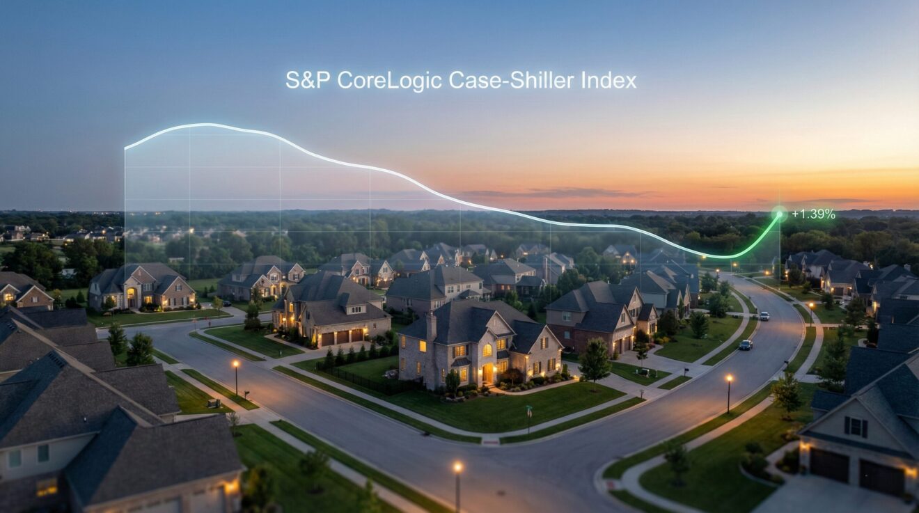 夕暮れ時の全米住宅街の風景に重なるS&Pケース・シラー住宅価格指数の推移グラフ。2026年の米国不動産市場の価格変動と最新の経済指標を視覚的に表現したアイキャッチ画像。